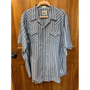 Ely Cattleman Big Man Western Shirt Blue White Stripe Short Sleeve Pearl Snap 2X